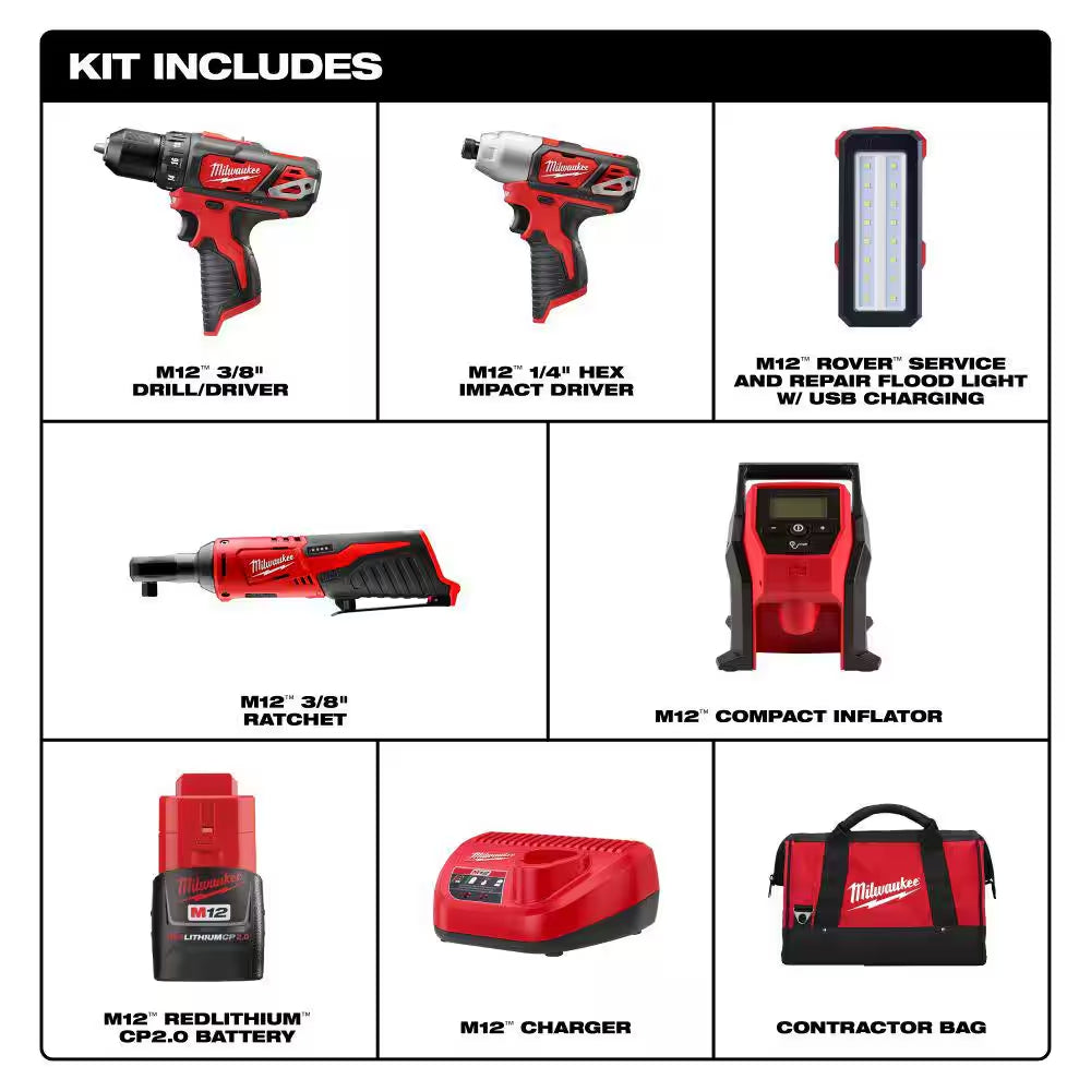 M12 12V Lithium-Ion Cordless Combo Kit with Two 2.0Ah Batteries, Charger and Bag (5-Tool)