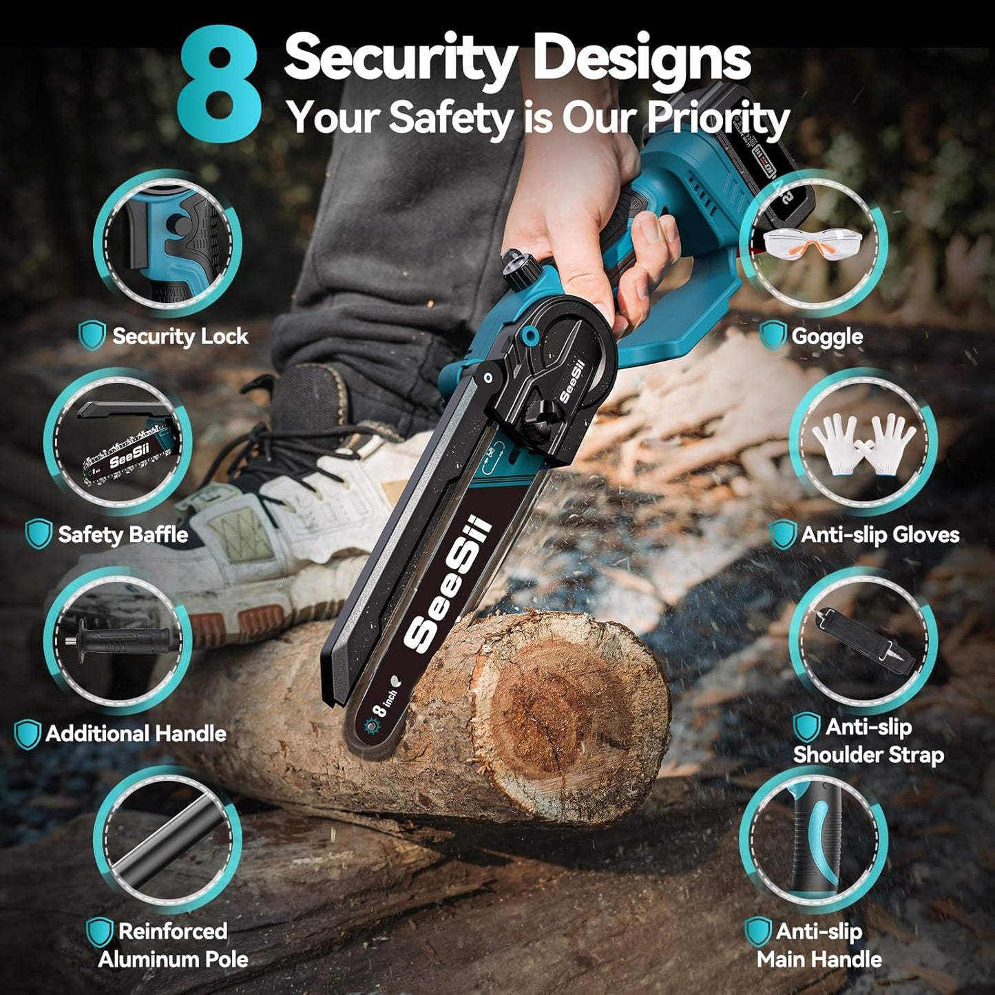 2 in 1 Cordless 8 Inch Pole Saw & Mini Chainsaw with 2 Battery, Power Electric Polesaw for Tree Trimming, Chain Saw with Extension Pole, Limb Branch Cutter Pruner PS800