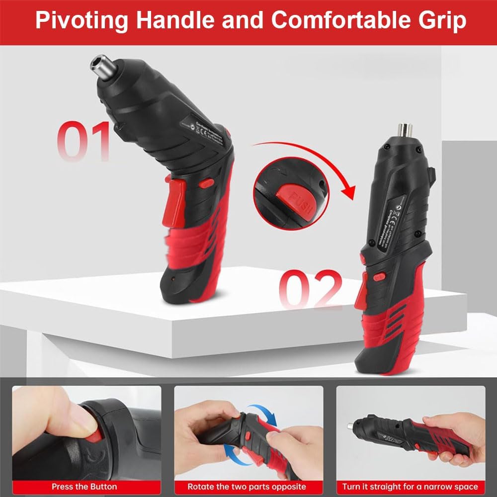 Cordless Power Screwdriver Electric Screwdriver Rechargeable Set, Battery Powered Screwdriver Kit Including 46Pcs Bits, Pivoting Handle and LED Lights Small Drills Cordless (Red)