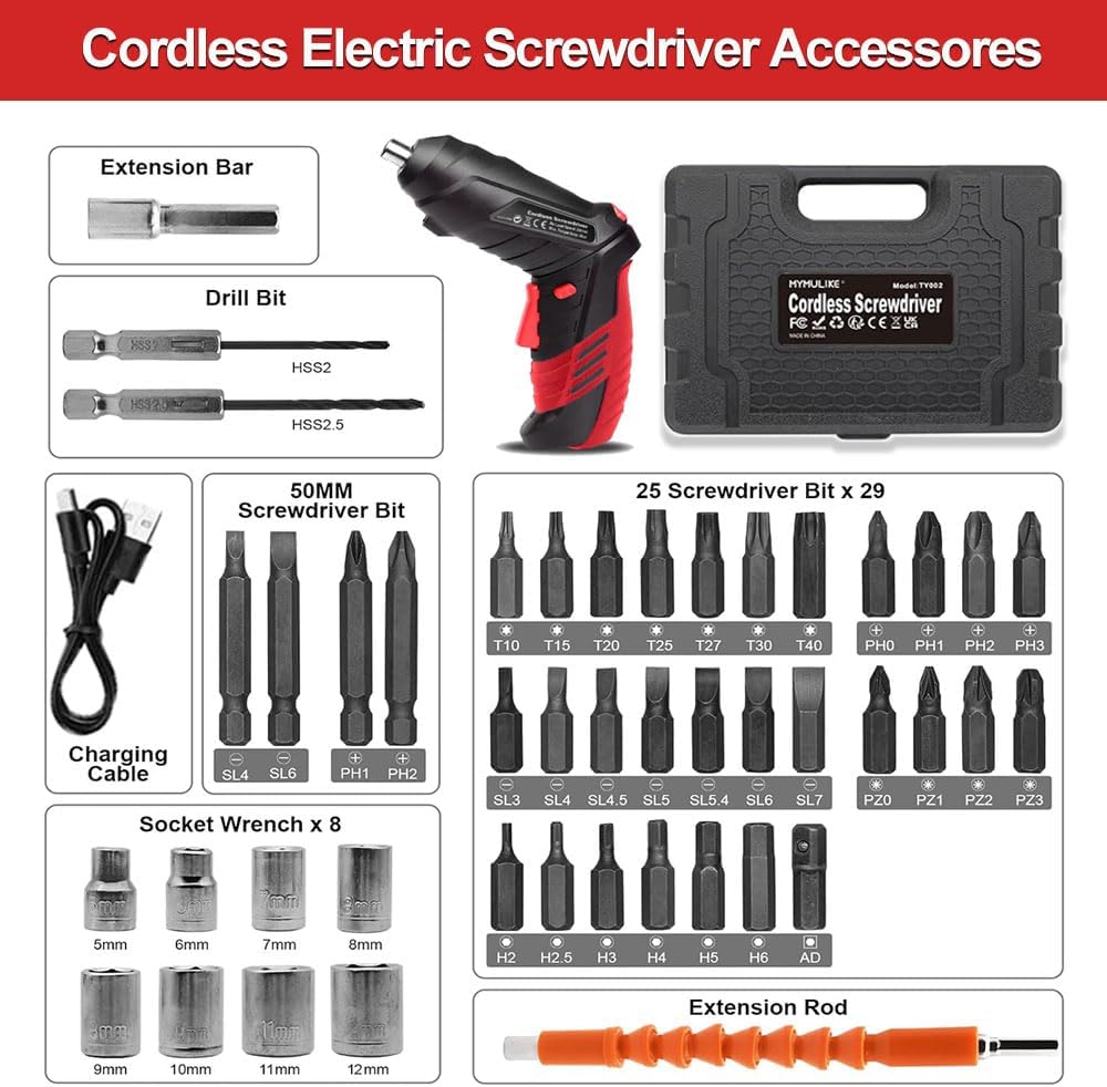 Cordless Power Screwdriver Electric Screwdriver Rechargeable Set, Battery Powered Screwdriver Kit Including 46Pcs Bits, Pivoting Handle and LED Lights Small Drills Cordless (Red)