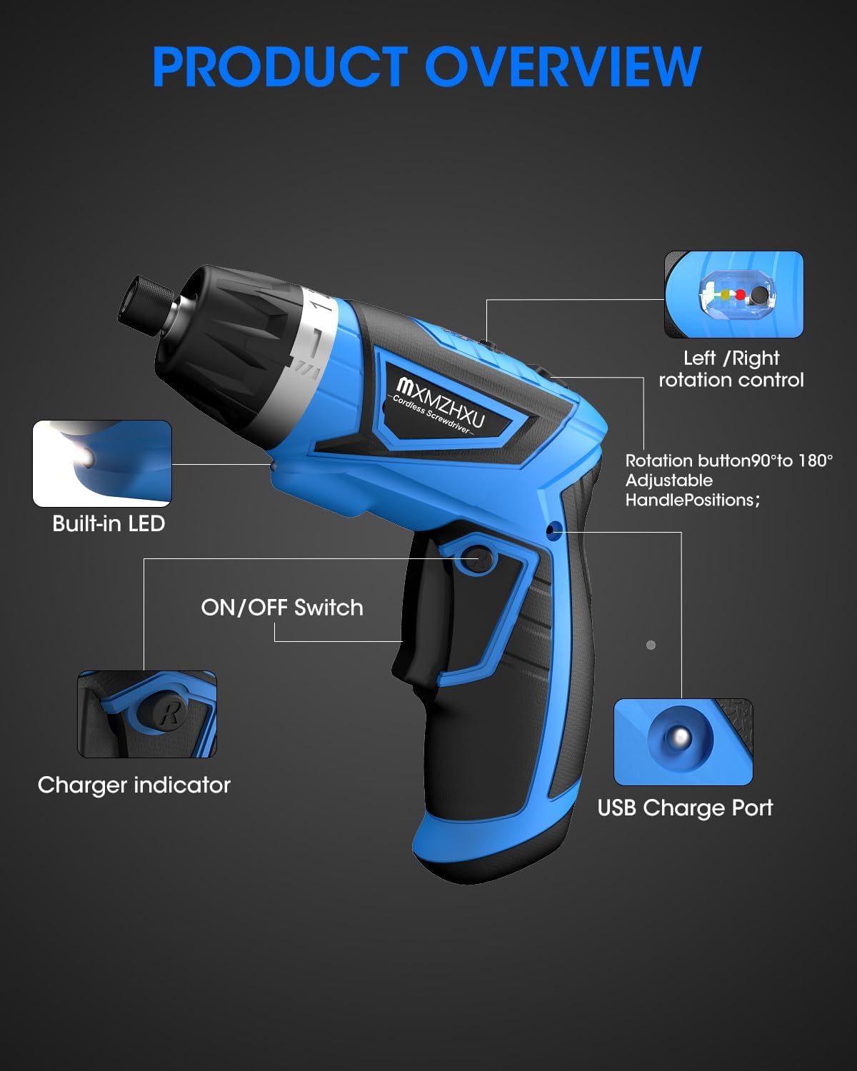 Cordless Screwdriver, 8V Max 10Nm Electric Power Screwdriver with 47 Accessories, 6+1 Torque, Pivoting Handle, 2000Mah Rechargeable Screw Gun & Bit Set with LED Light, Flexible Shaft