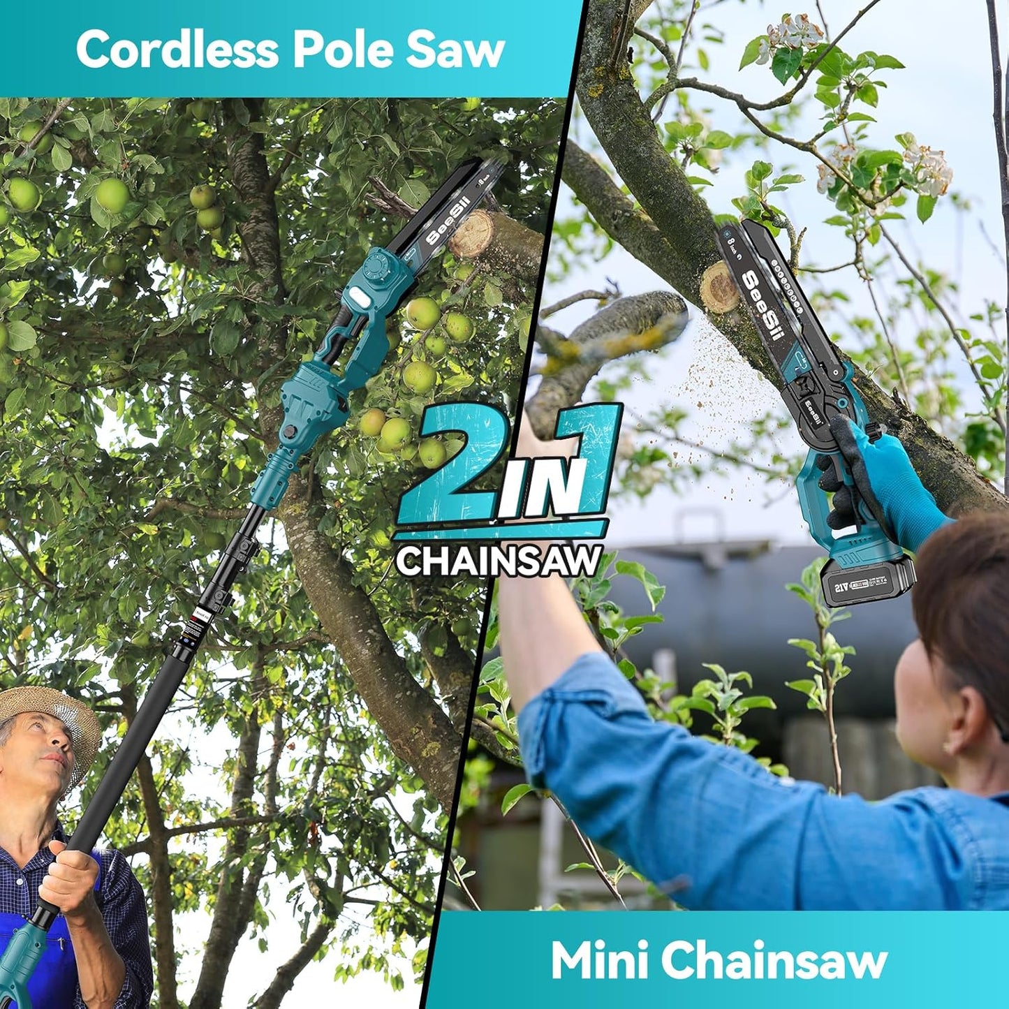 2 in 1 Cordless 8 Inch Pole Saw & Mini Chainsaw with 2 Battery, Power Electric Polesaw for Tree Trimming, Chain Saw with Extension Pole, Limb Branch Cutter Pruner PS800