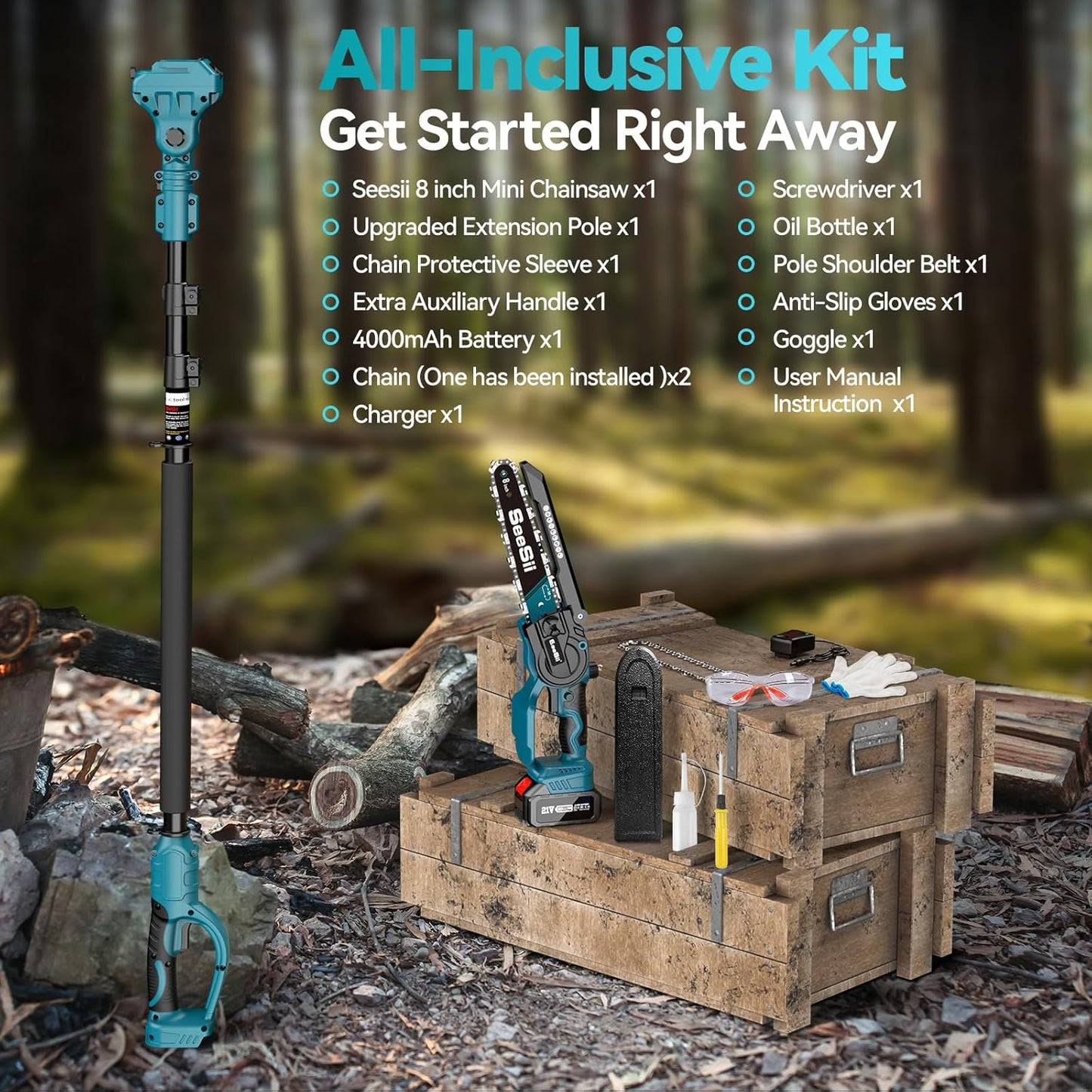 2 in 1 Cordless 8 Inch Pole Saw & Mini Chainsaw with 2 Battery, Power Electric Polesaw for Tree Trimming, Chain Saw with Extension Pole, Limb Branch Cutter Pruner PS800