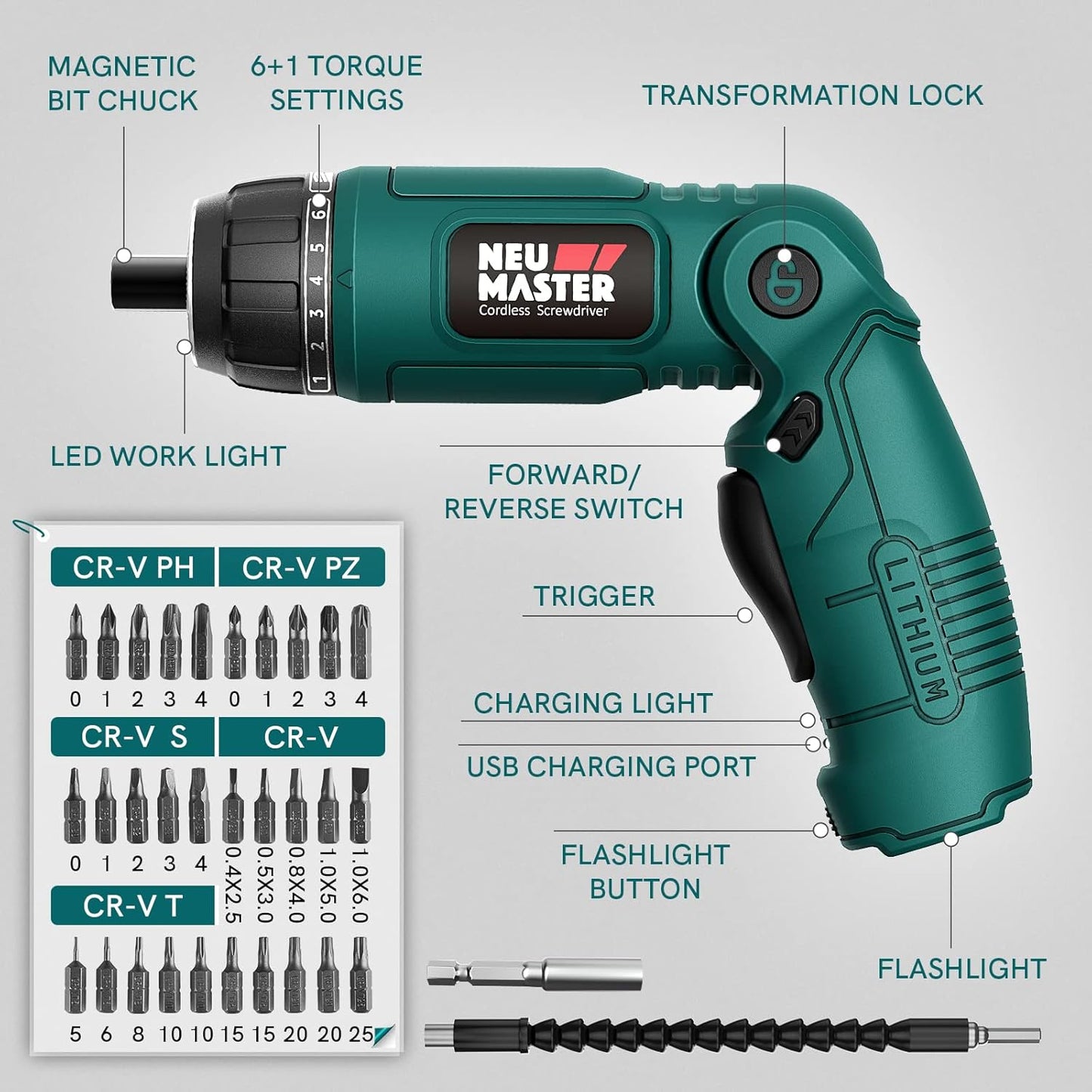 Cordless Screwdriver, 4V Electric Screwdriver Rechargeable Power Screwdriver with Pivoting Handle, Front and Rear LED Light, 32Pcs Bits, 6+1 Torque Setting, 2000 Mah Battery Screwdriver