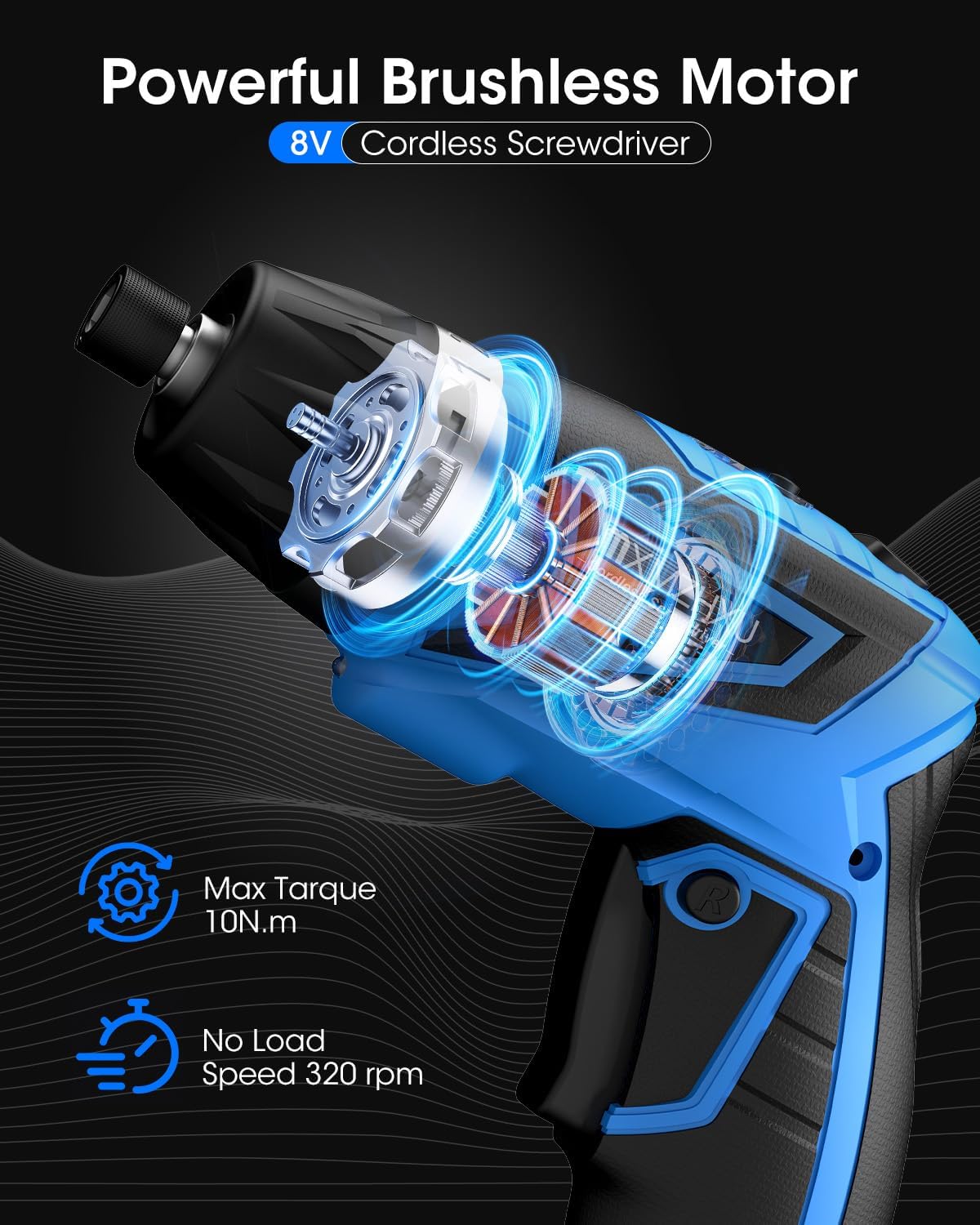 Cordless Screwdriver, 8V Max 10Nm Electric Power Screwdriver with 47 Accessories, 6+1 Torque, Pivoting Handle, 2000Mah Rechargeable Screw Gun & Bit Set with LED Light, Flexible Shaft