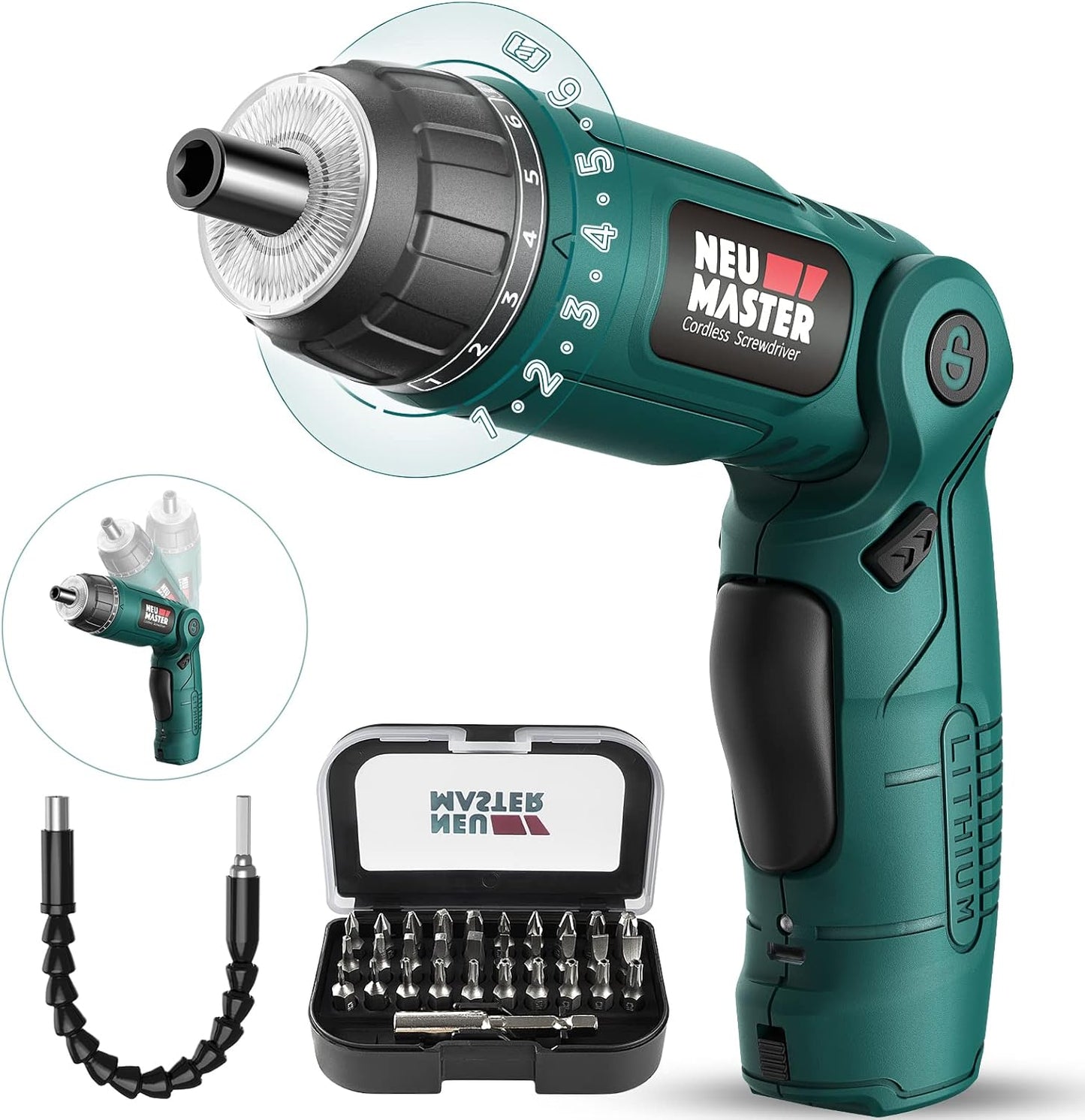 Cordless Screwdriver, 4V Electric Screwdriver Rechargeable Power Screwdriver with Pivoting Handle, Front and Rear LED Light, 32Pcs Bits, 6+1 Torque Setting, 2000 Mah Battery Screwdriver
