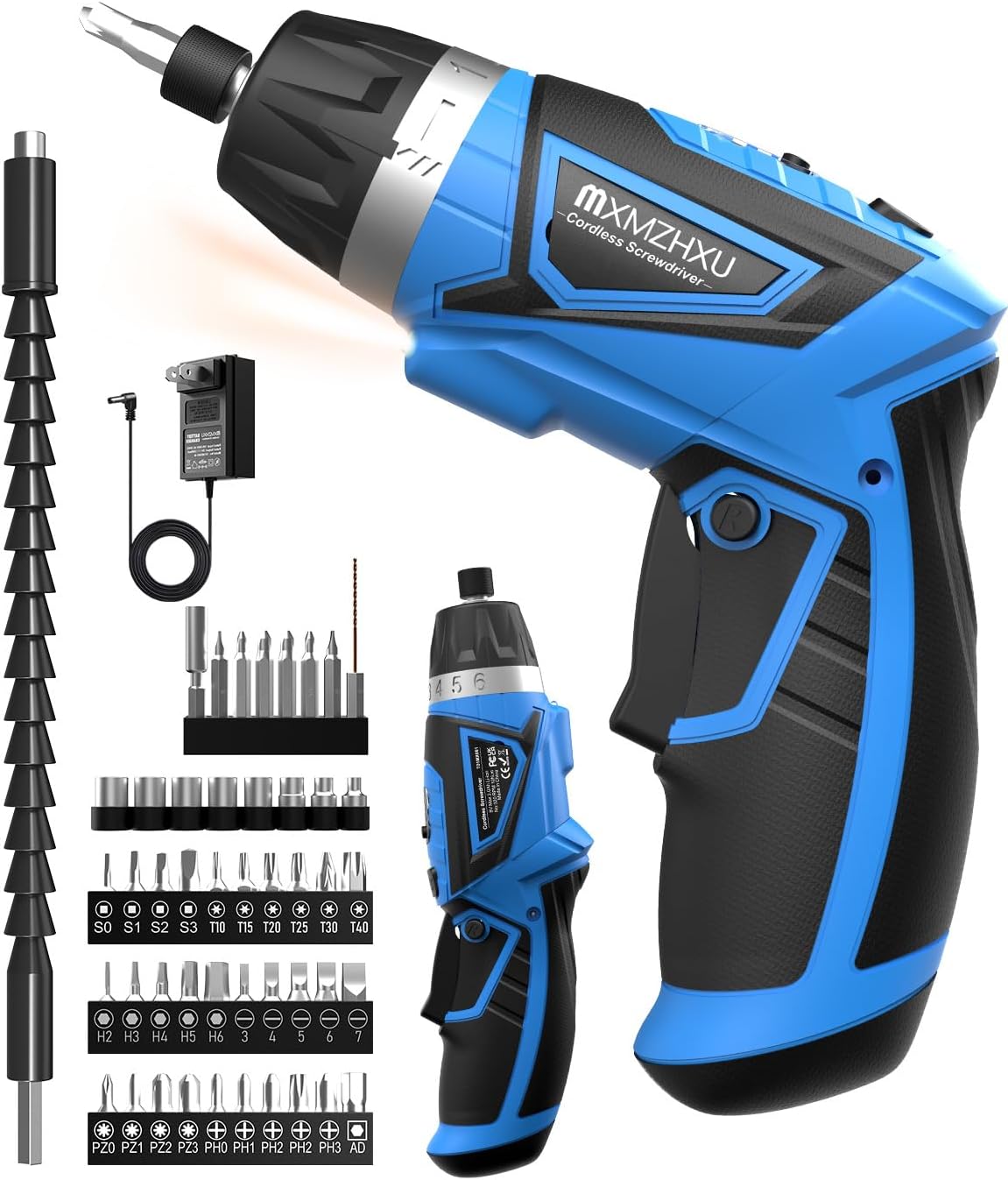 Cordless Screwdriver, 8V Max 10Nm Electric Power Screwdriver with 47 Accessories, 6+1 Torque, Pivoting Handle, 2000Mah Rechargeable Screw Gun & Bit Set with LED Light, Flexible Shaft