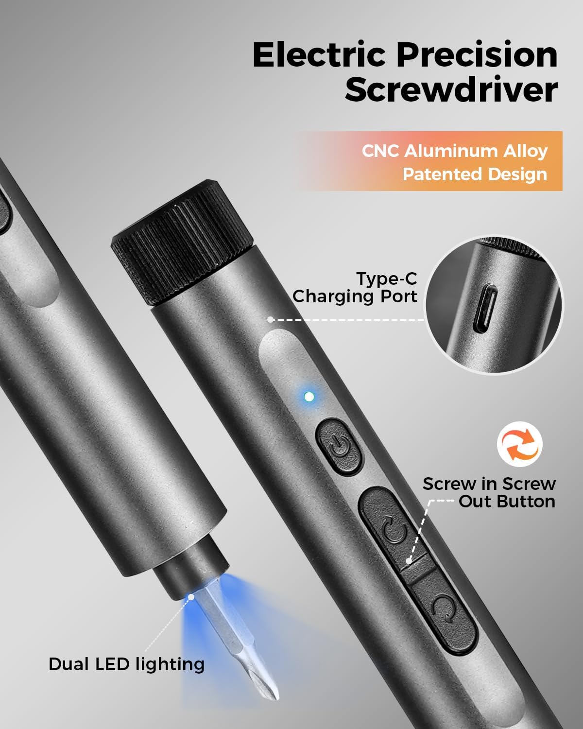 Electric Screwdriver Kit, 138 in 1 Precision Electric Screwdriver, 120 S2 Metal Magnetic Bits, LED Light, 3.7V Rated Voltage, Repair Tool Kit for Phone Watch Camera Laptop Pc,Grey