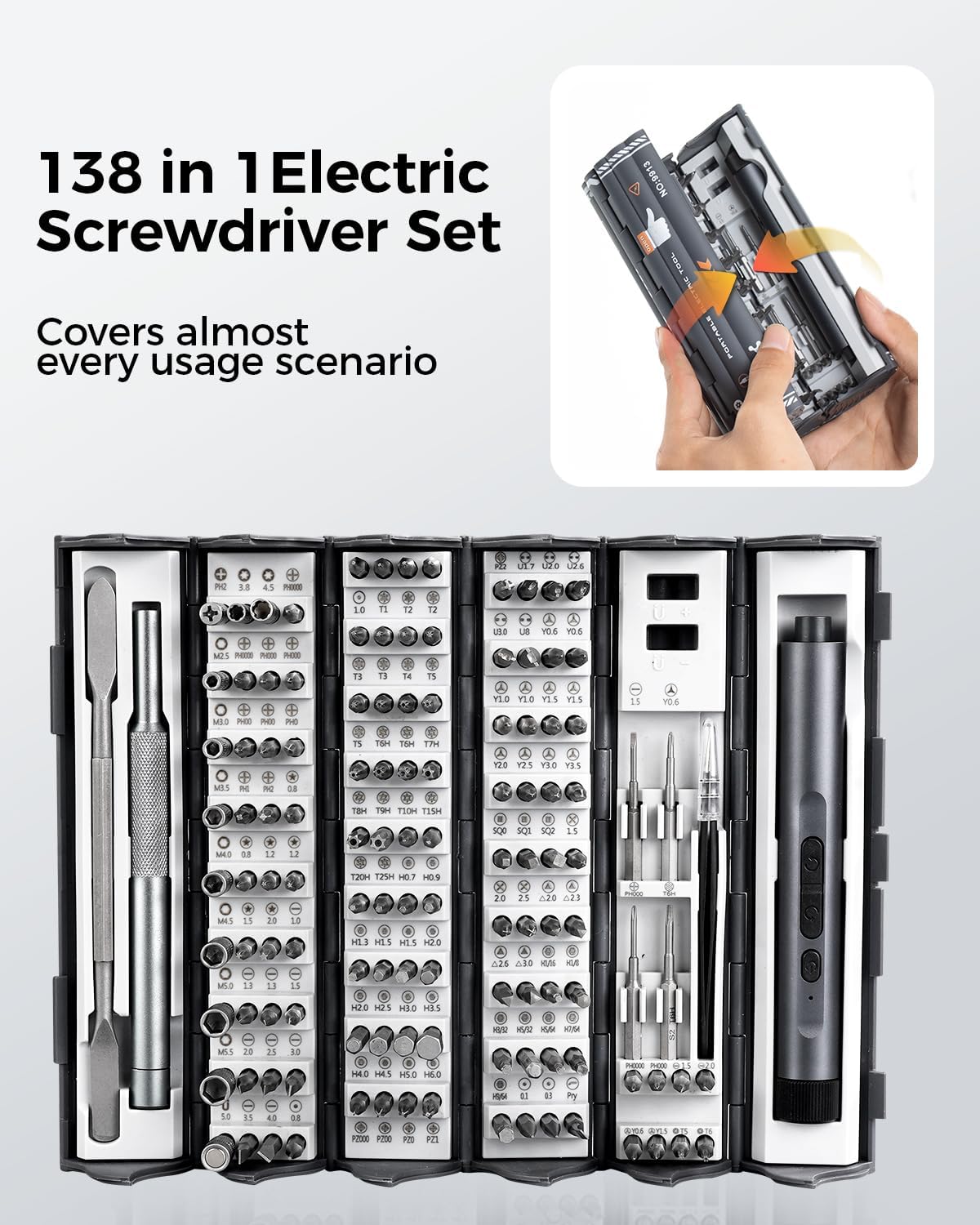 Electric Screwdriver Kit, 138 in 1 Precision Electric Screwdriver, 120 S2 Metal Magnetic Bits, LED Light, 3.7V Rated Voltage, Repair Tool Kit for Phone Watch Camera Laptop Pc,Grey