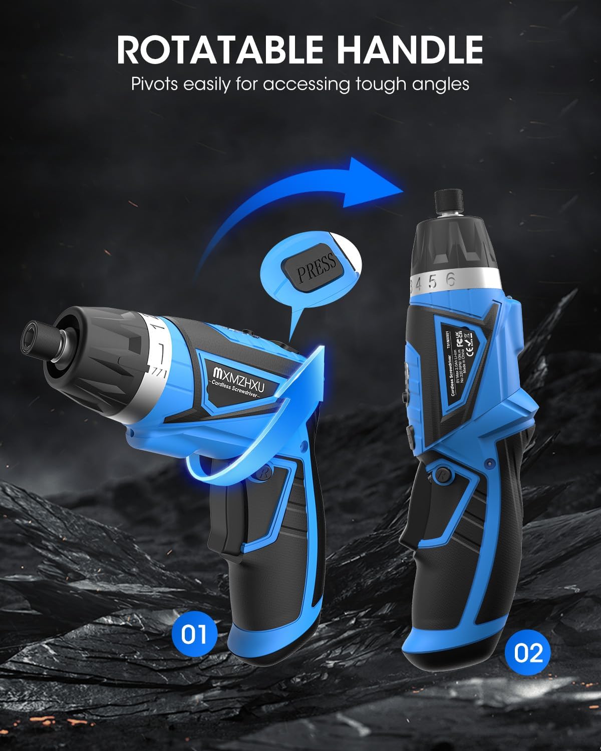 Cordless Screwdriver, 8V Max 10Nm Electric Power Screwdriver with 47 Accessories, 6+1 Torque, Pivoting Handle, 2000Mah Rechargeable Screw Gun & Bit Set with LED Light, Flexible Shaft