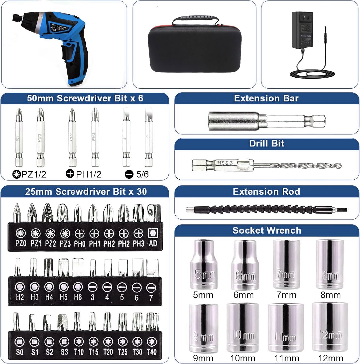 Cordless Screwdriver, 8V Max 10Nm Electric Power Screwdriver with 47 Accessories, 6+1 Torque, Pivoting Handle, 2000Mah Rechargeable Screw Gun & Bit Set with LED Light, Flexible Shaft