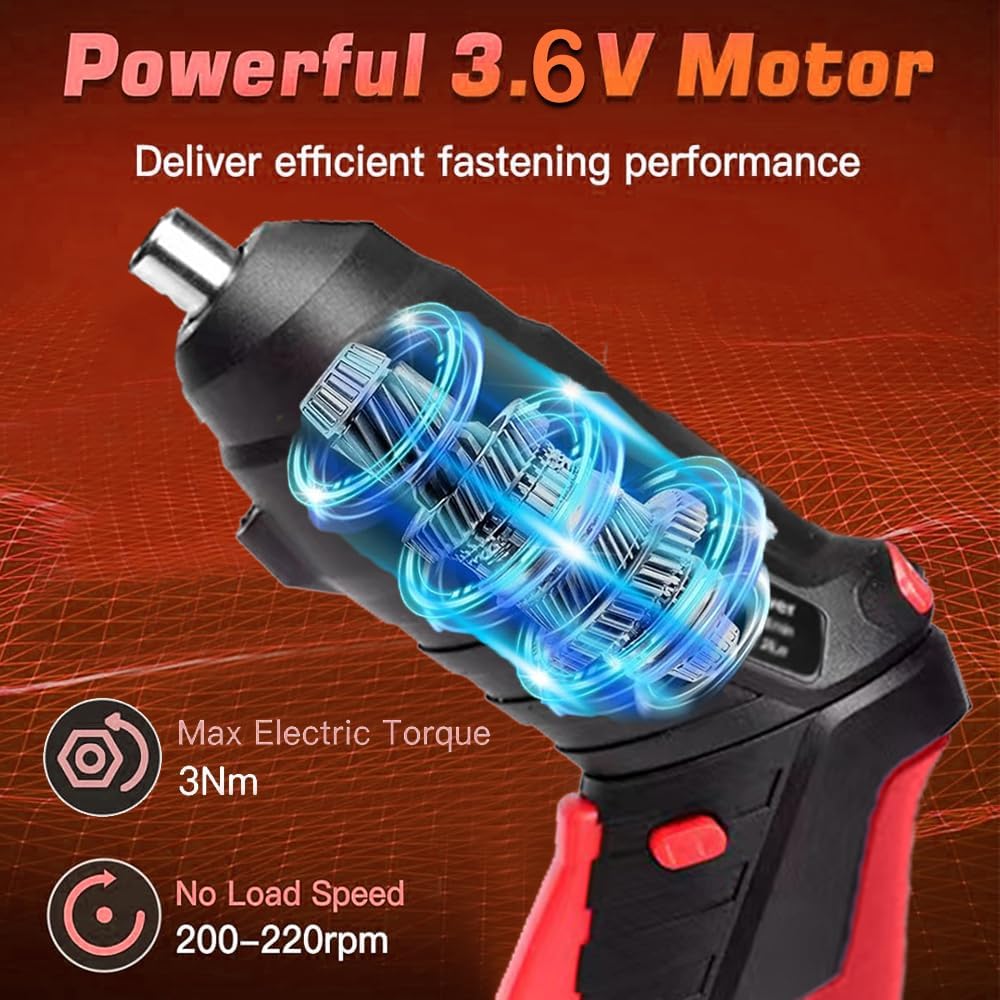 Cordless Power Screwdriver Electric Screwdriver Rechargeable Set, Battery Powered Screwdriver Kit Including 46Pcs Bits, Pivoting Handle and LED Lights Small Drills Cordless (Red)