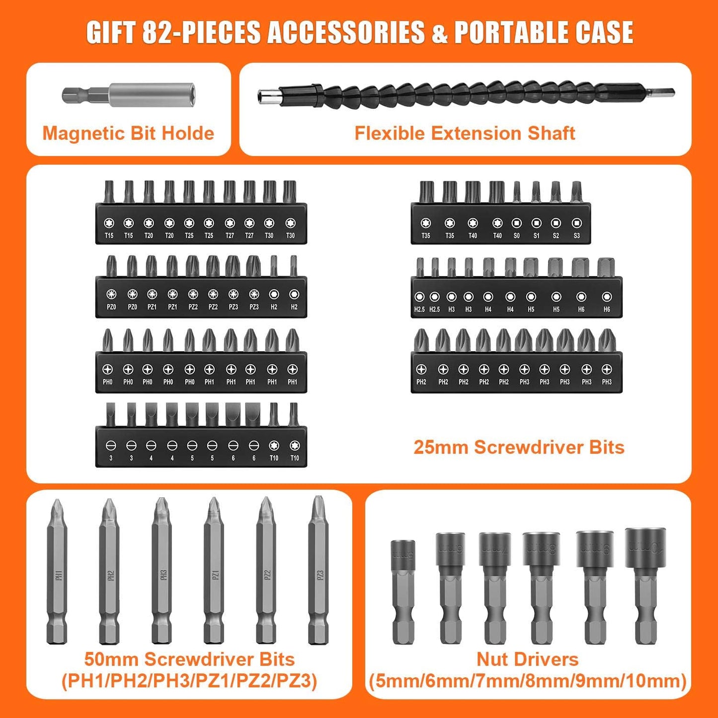8V Cordless Electric Screwdriver, 82Pcs 10Nm Max Fast Rechargeable Screwdriver Set with 1Hr Charger and Accessory Kit in Carrying Case, 21+1 Cluth, Dual Position Handle, ET-CS-8K