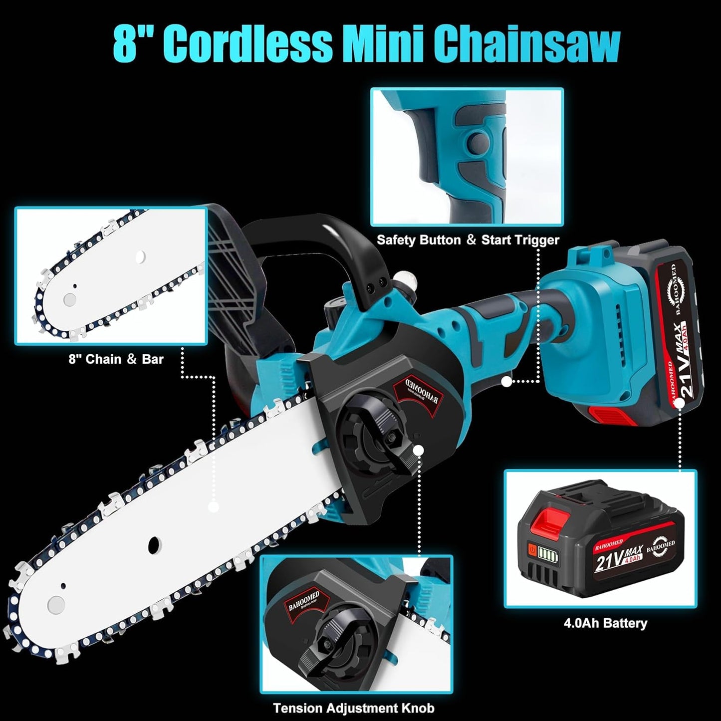 21V Cordless Mini Pruning Chainsaw - 8" Battery Chainsaw with Automatic Oiling System and Security Lock, Handheld Electric Mini Chain Saw for Tree Stump or Trees Branch Cutting