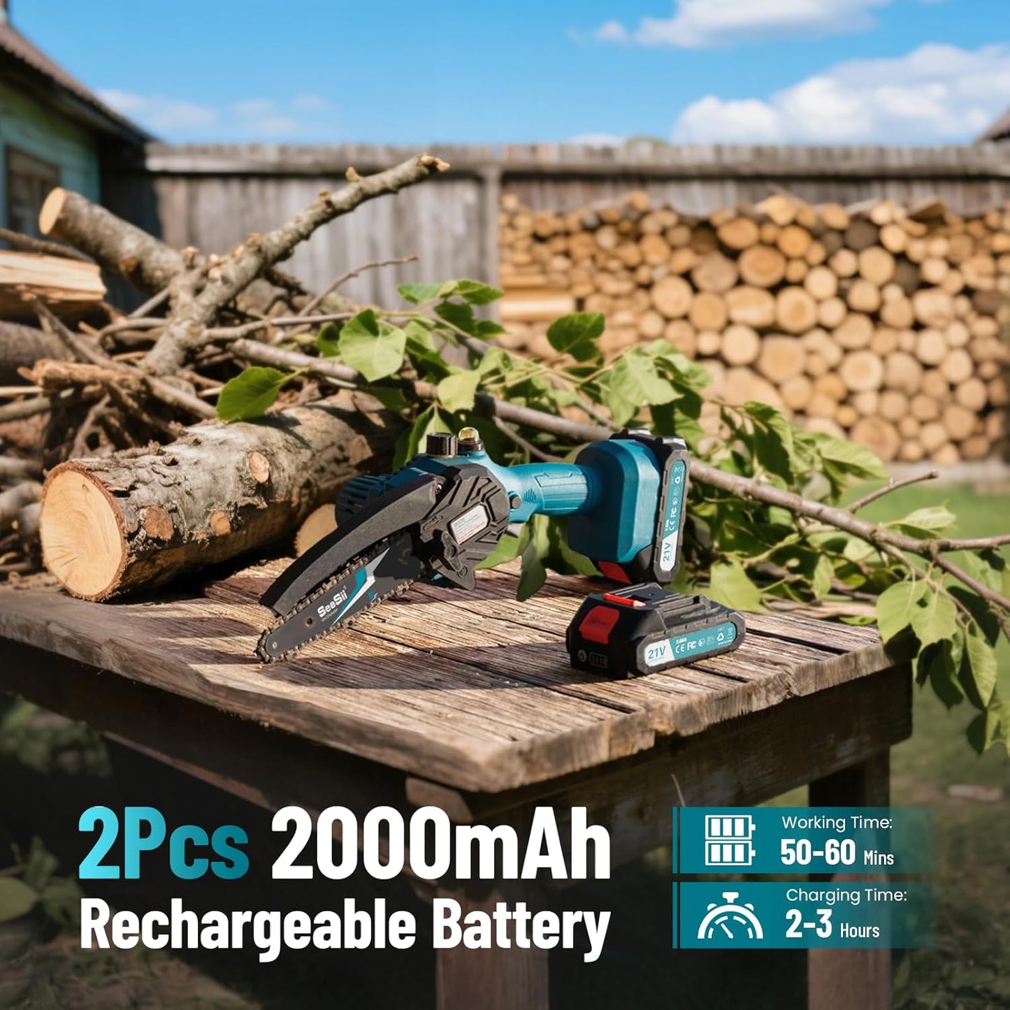 Mini Chainsaw 6 Inch,Cordless Chainsaw W/ 2X2000Mah Batteries,Oiler System & Replacement Chain,Handheld Electric Chain Saw W/Safety Lock,Battery Powered Chainsaw for Wood Tree Cutting, CH600+