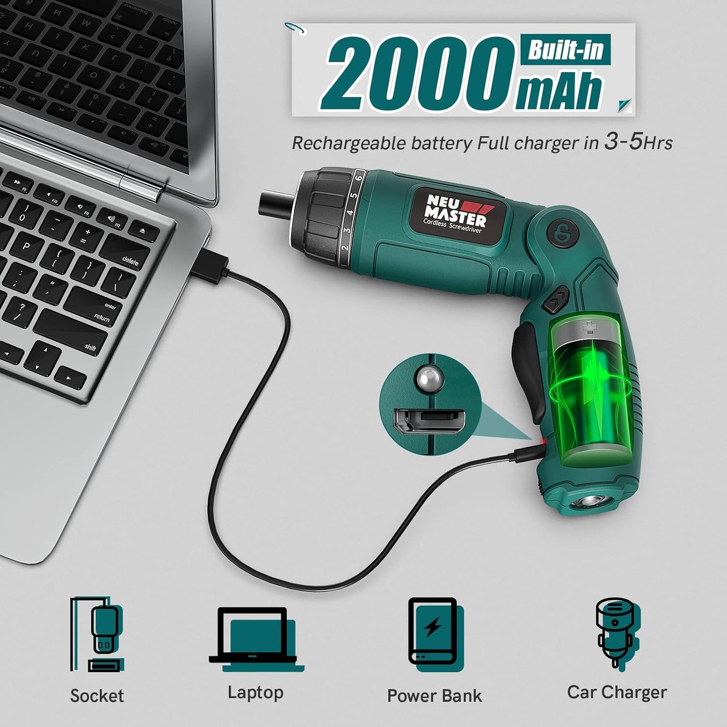 Cordless Screwdriver, 4V Electric Screwdriver Rechargeable Power Screwdriver with Pivoting Handle, Front and Rear LED Light, 32Pcs Bits, 6+1 Torque Setting, 2000 Mah Battery Screwdriver