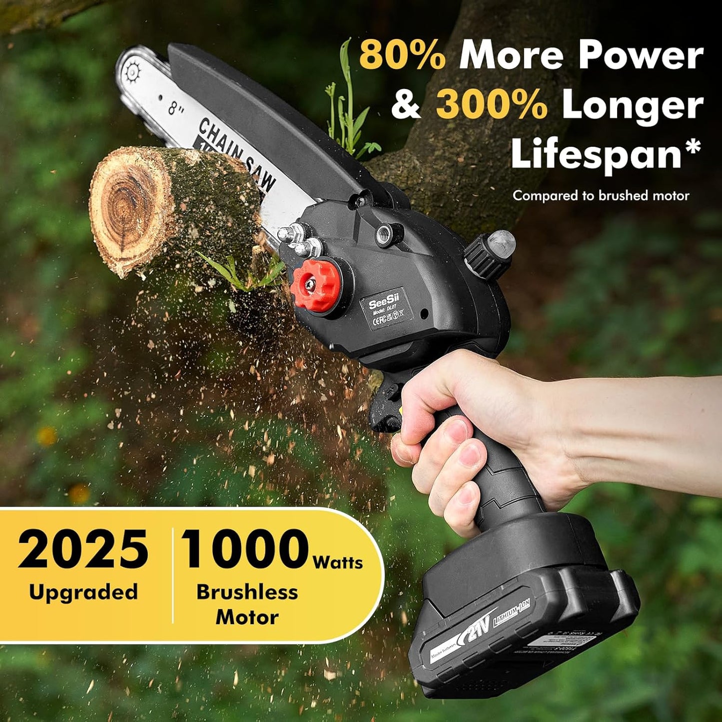 Mini Chainsaw Cordless 8 Inch DL07, Electric Battery Powered Chainsaw, Upgraded Brushless Chain Saw with Auto Oiler, 2Pcs 2000Mah Battery, Handheld Pruning Saws for Tree Branch Wood Cutting