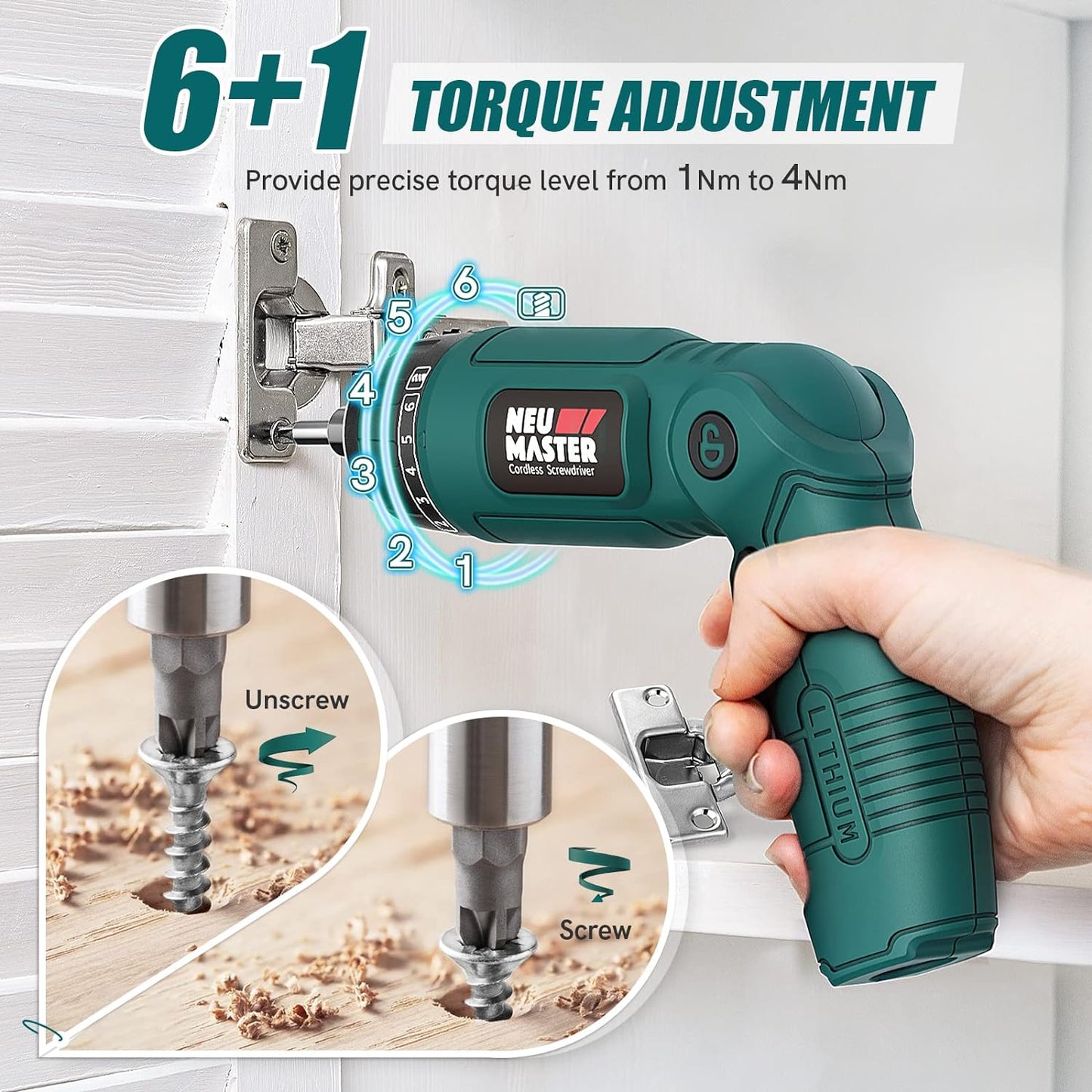 Cordless Screwdriver, 4V Electric Screwdriver Rechargeable Power Screwdriver with Pivoting Handle, Front and Rear LED Light, 32Pcs Bits, 6+1 Torque Setting, 2000 Mah Battery Screwdriver