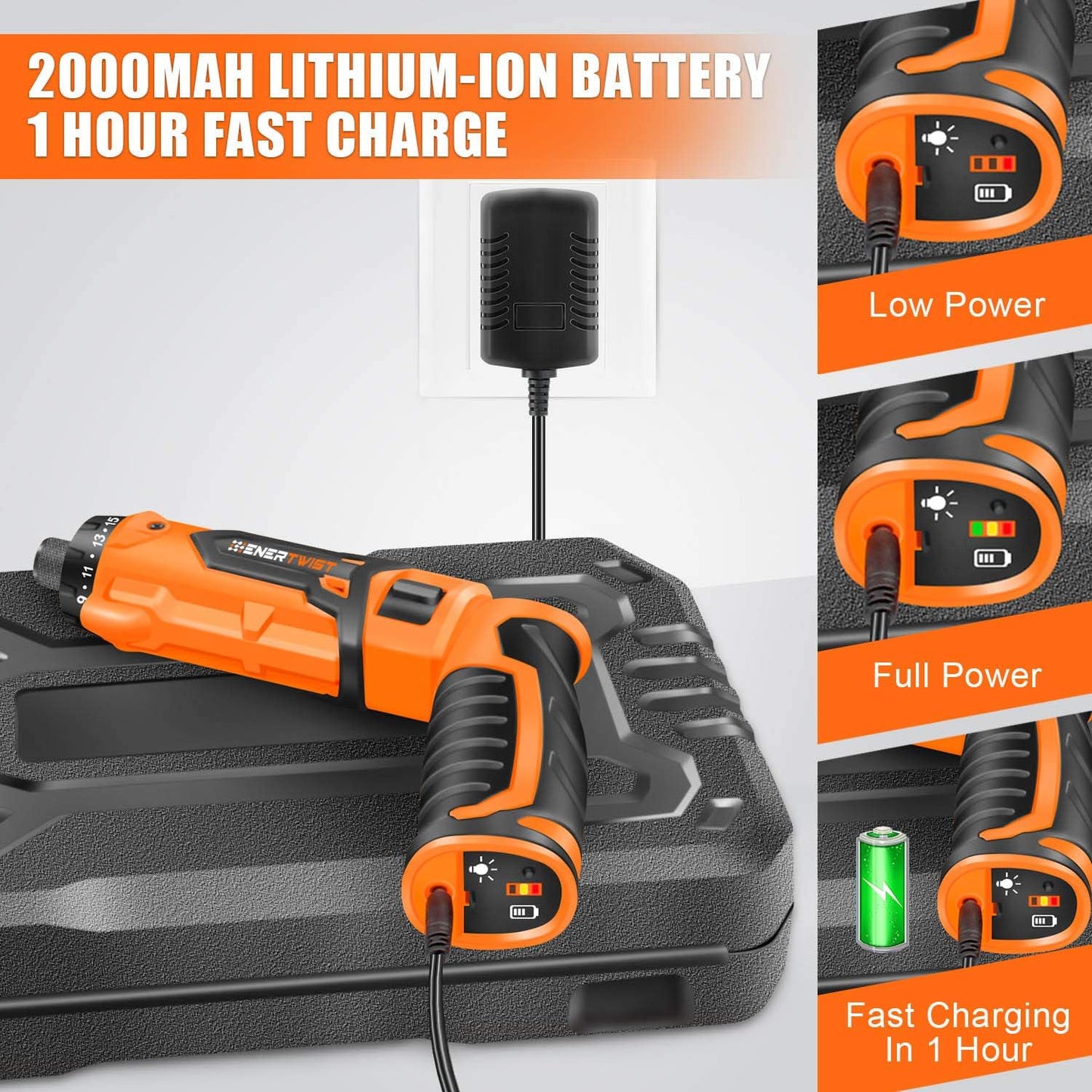 8V Cordless Electric Screwdriver, 82Pcs 10Nm Max Fast Rechargeable Screwdriver Set with 1Hr Charger and Accessory Kit in Carrying Case, 21+1 Cluth, Dual Position Handle, ET-CS-8K