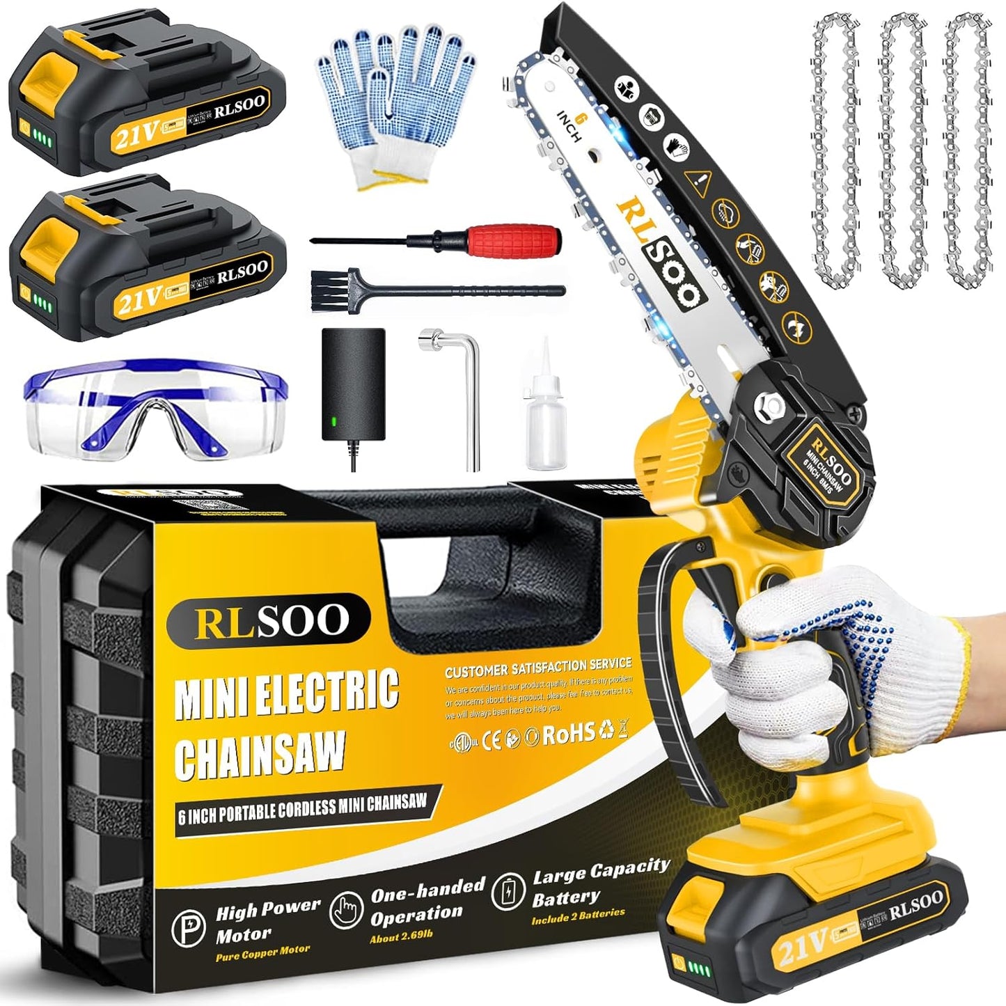 Mini Chainsaw, 6-Inch Electric Chainsaw Cordless, Portable Small Handheld Chain Saw for Wood Cutting, Tree Trimming, Courtyard, Household, and Garden (Includes 2 Batteries and 3 Chains)