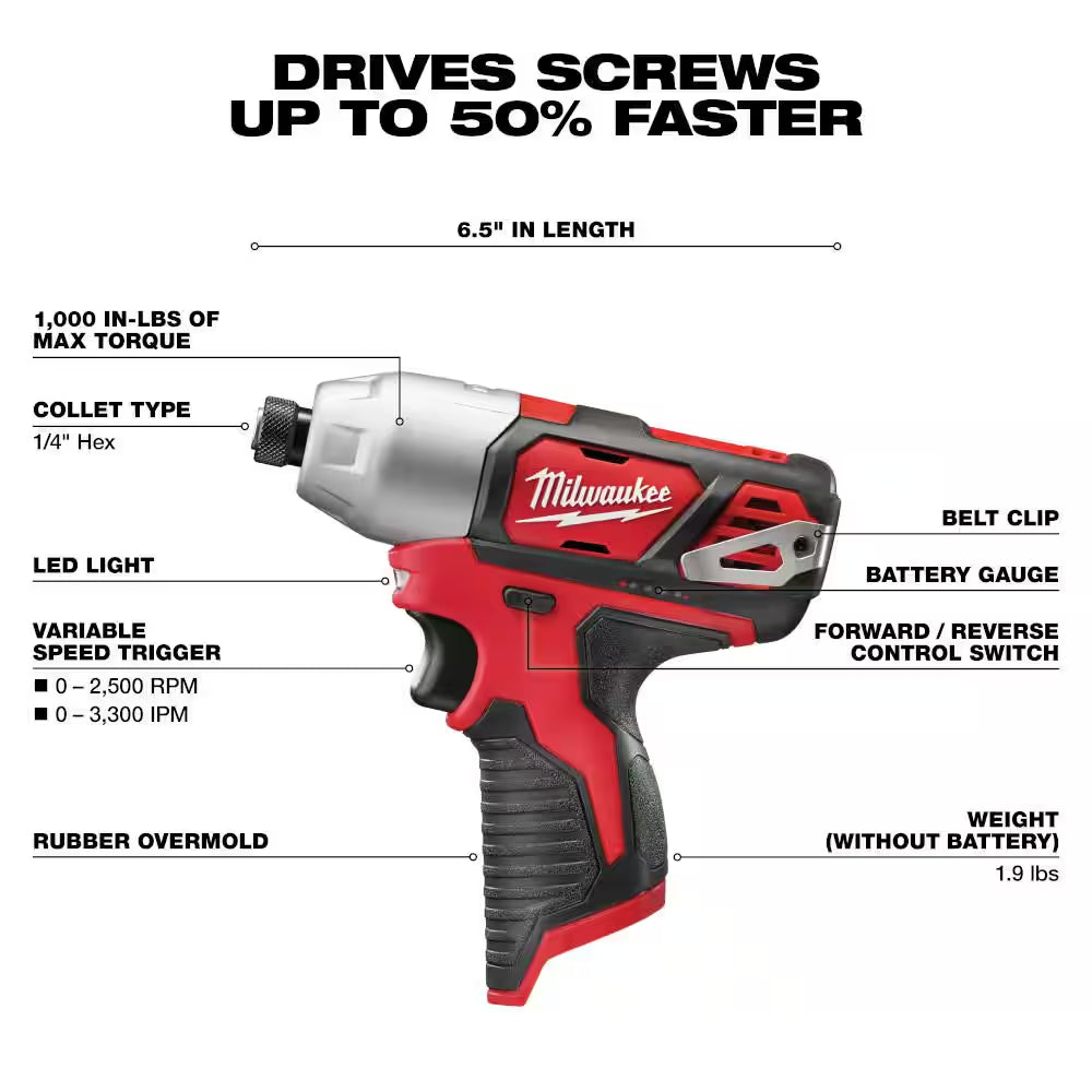 M12 12V Lithium-Ion Cordless Combo Kit with Two 2.0Ah Batteries, Charger and Bag (5-Tool)