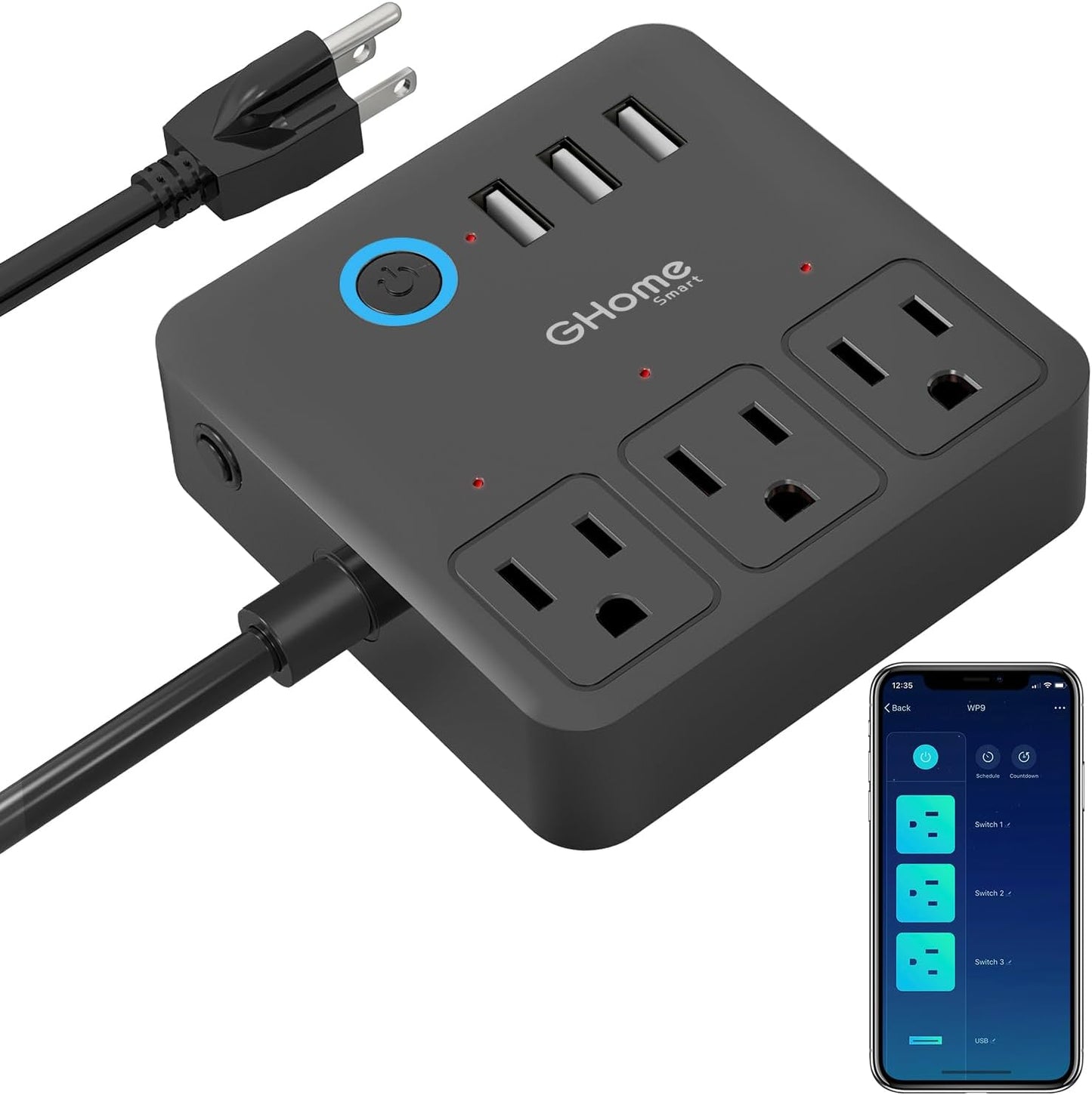 Regleta con 3 puertos USB y 3 enchufes inteligentes compatibles con Alexa y Google Home
