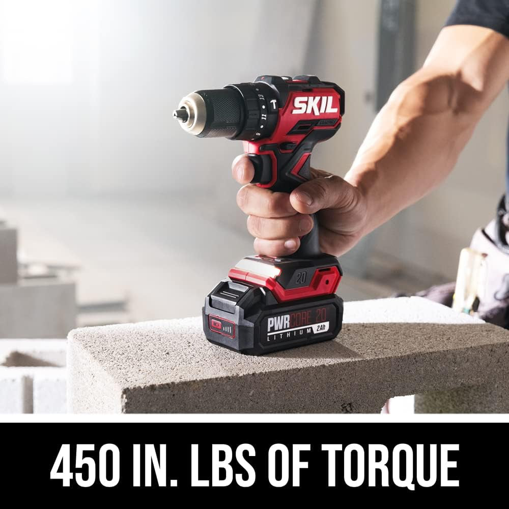 20V 1/2" Compact 3-in-1 Hammer Drill Kit with 1/2" Keyless Chuck and LED Light.