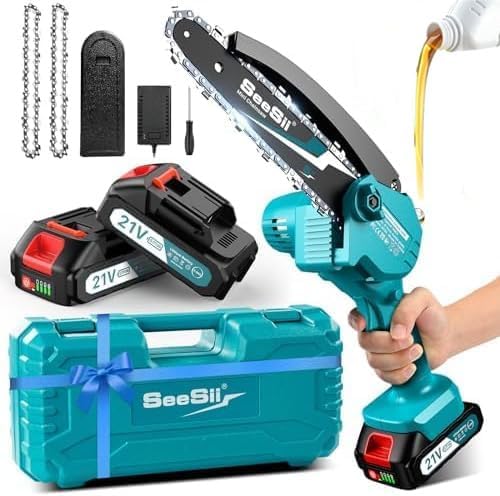Mini Chainsaw 6 Inch,Cordless Chainsaw W/ 2X2000Mah Batteries,Oiler System & Replacement Chain,Handheld Electric Chain Saw W/Safety Lock,Battery Powered Chainsaw for Wood Tree Cutting, CH600+
