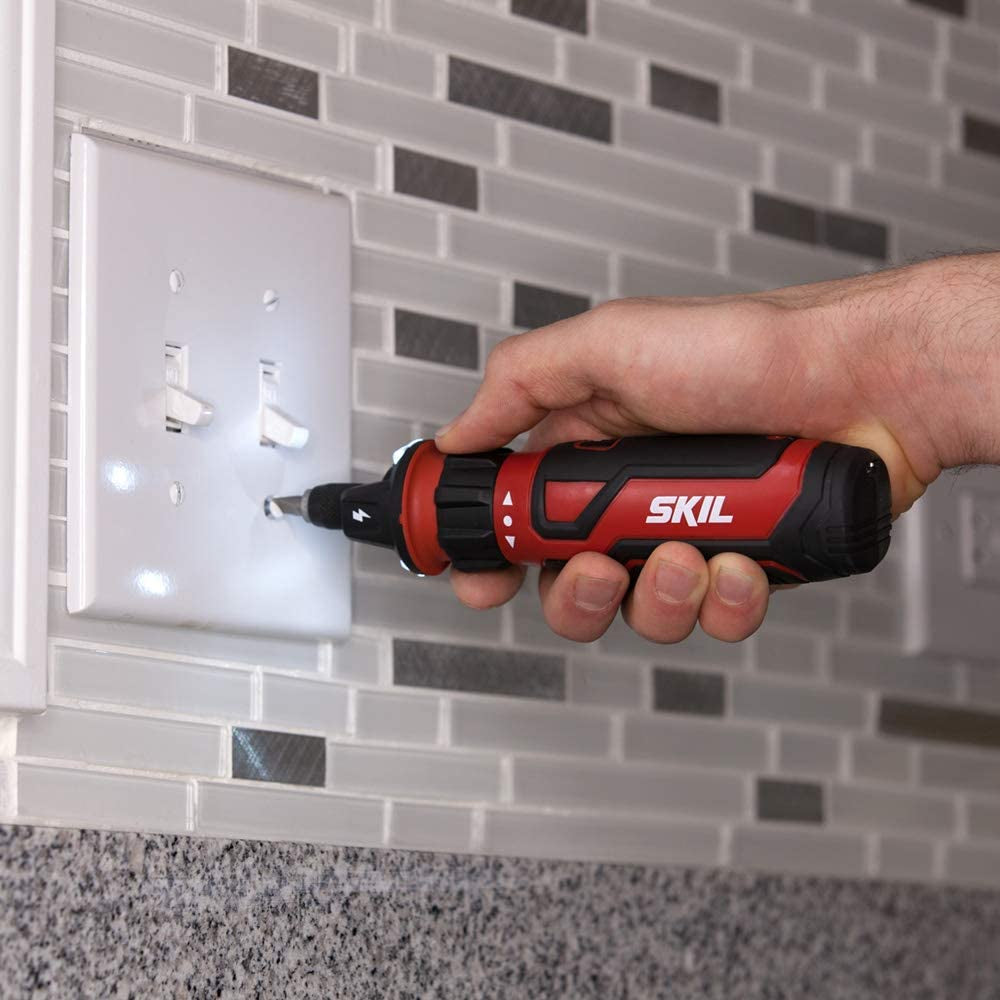 Rechargeable cordless screwdriver with circuit sensor technology. Includes 45-piece bit set.