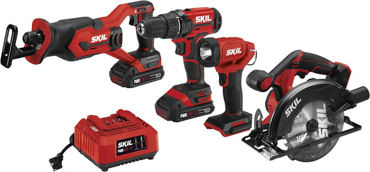 20V 4-Tool Combo Kit: 20V Cordless Drill/Driver, Reciprocating Saw, Circular Saw, and Spotlight.