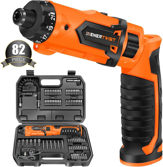 8V Cordless Electric Screwdriver, 82Pcs 10Nm Max Fast Rechargeable Screwdriver Set with 1Hr Charger and Accessory Kit in Carrying Case, 21+1 Cluth, Dual Position Handle, ET-CS-8K