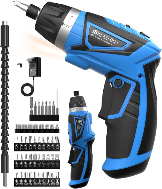 Cordless Screwdriver, 8V Max 10Nm Electric Power Screwdriver with 47 Accessories, 6+1 Torque, Pivoting Handle, 2000Mah Rechargeable Screw Gun & Bit Set with LED Light, Flexible Shaft
