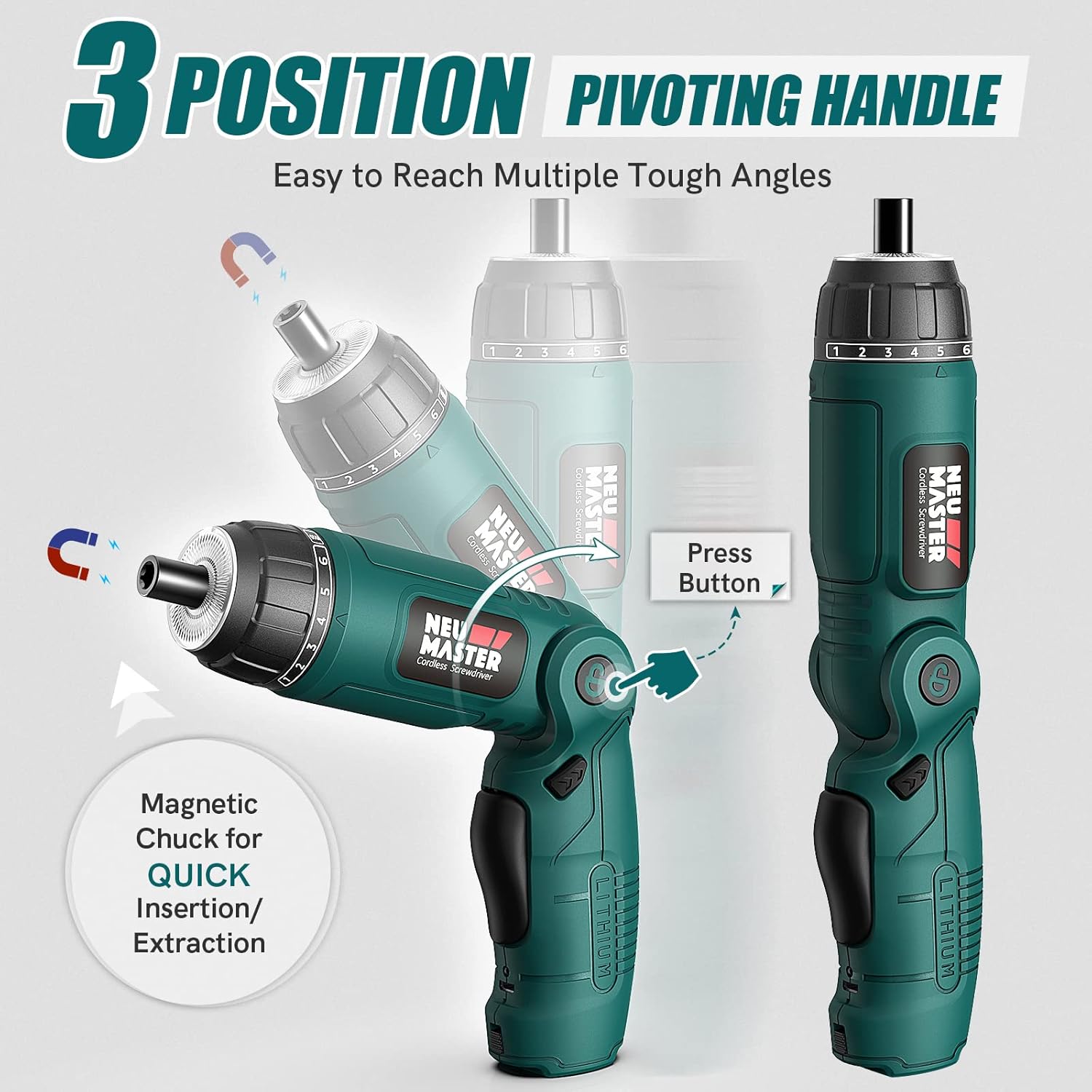 Cordless Screwdriver, 4V Electric Screwdriver Rechargeable Power Screwdriver with Pivoting Handle, Front and Rear LED Light, 32Pcs Bits, 6+1 Torque Setting, 2000 Mah Battery Screwdriver
