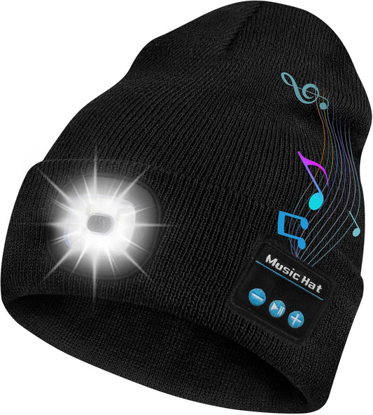 Bluetooth Beanie Hat with Light, Headlamp Cap with Headphones and Built-In Speaker Mic, Gifts for Men Women Teen