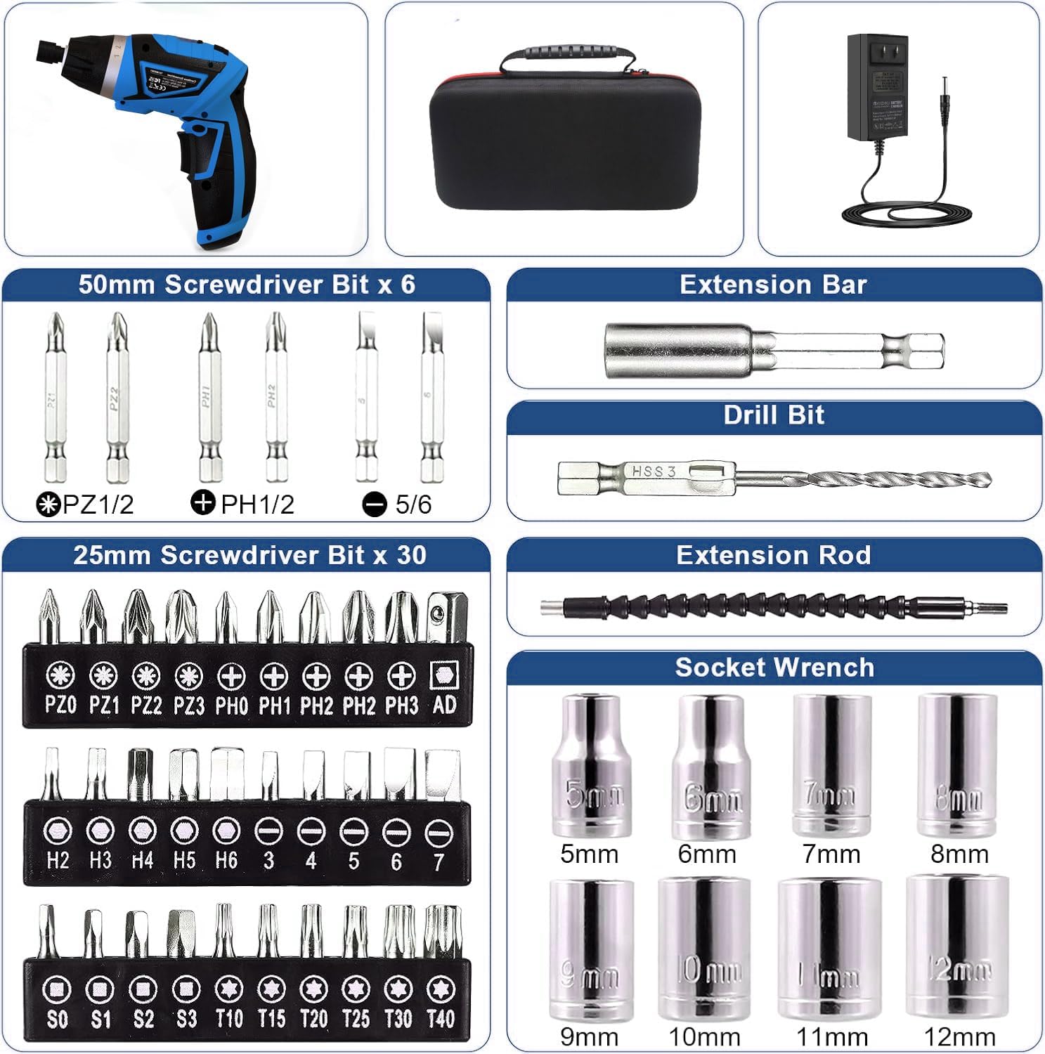 Cordless Screwdriver, 8V Max 10Nm Electric Power Screwdriver with 47 Accessories, 6+1 Torque, Pivoting Handle, 2000Mah Rechargeable Screw Gun & Bit Set with LED Light, Flexible Shaft