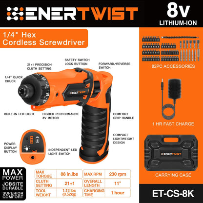 8V Cordless Electric Screwdriver, 82Pcs 10Nm Max Fast Rechargeable Screwdriver Set with 1Hr Charger and Accessory Kit in Carrying Case, 21+1 Cluth, Dual Position Handle, ET-CS-8K