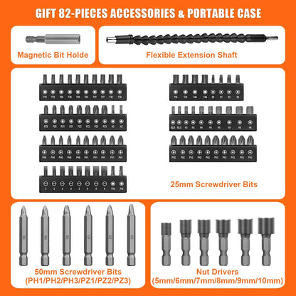 8V Cordless Electric Screwdriver, 82Pcs 10Nm Max Fast Rechargeable Screwdriver Set with 1Hr Charger and Accessory Kit in Carrying Case, 21+1 Cluth, Dual Position Handle, ET-CS-8K
