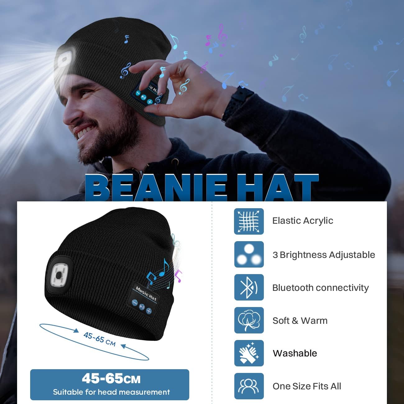 Bluetooth Beanie Hat with Light, Headlamp Cap with Headphones and Built-In Speaker Mic, Gifts for Men Women Teen