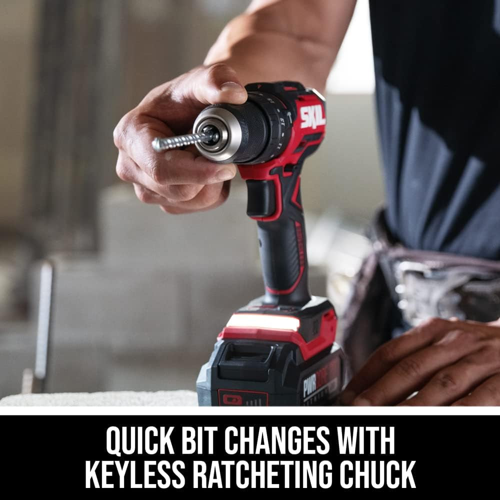 20V 1/2" Compact 3-in-1 Hammer Drill Kit with 1/2" Keyless Chuck and LED Light.