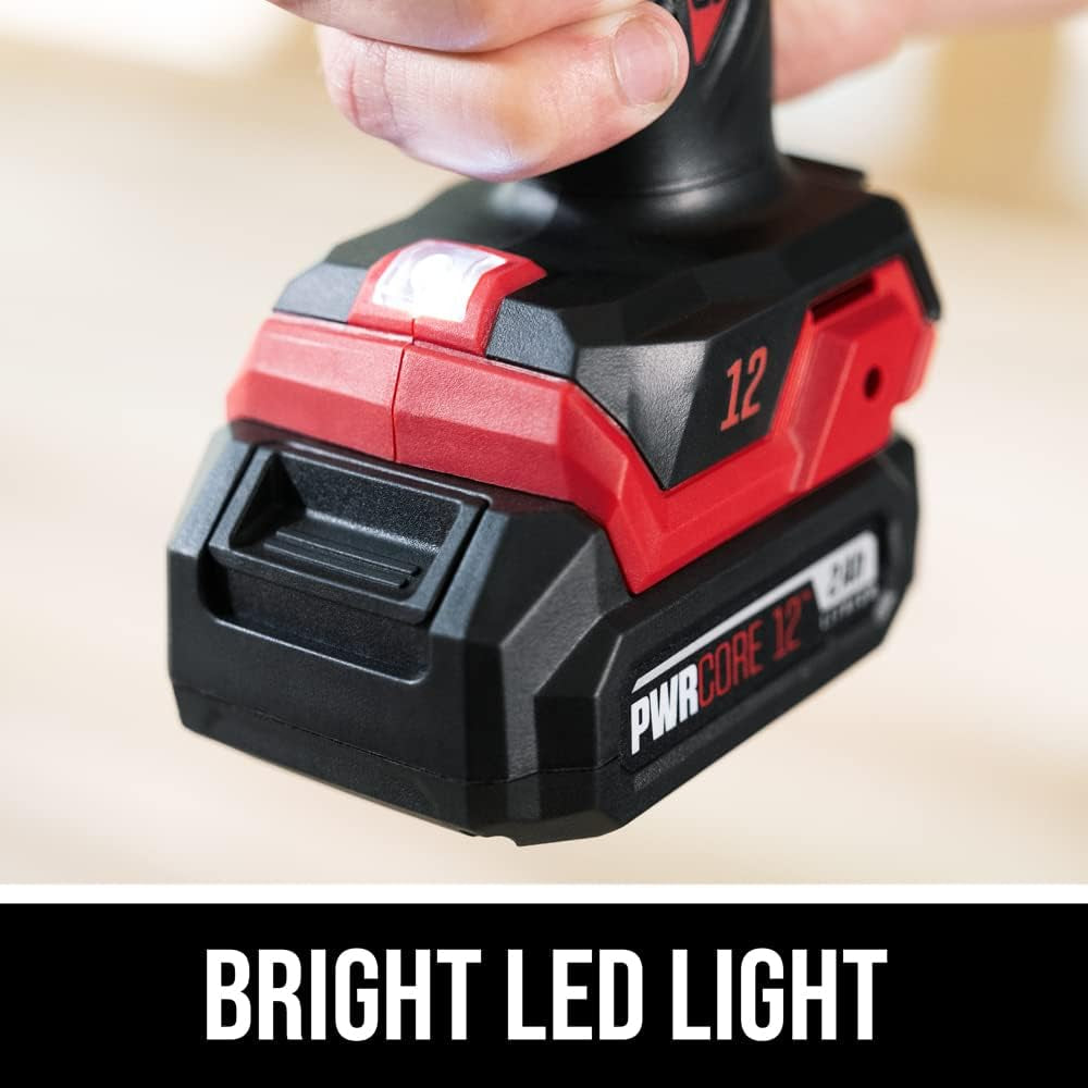 3-in-1 12V Compact Hammer Drill with 1/2" Keyless Ratcheting Chuck and LED Work Light.