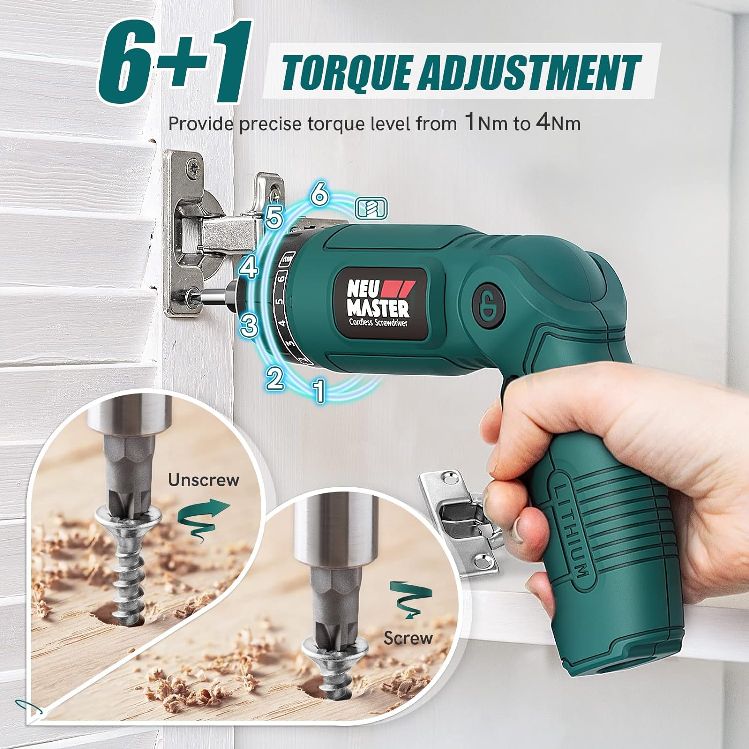 Cordless Screwdriver, 4V Electric Screwdriver Rechargeable Power Screwdriver with Pivoting Handle, Front and Rear LED Light, 32Pcs Bits, 6+1 Torque Setting, 2000 Mah Battery Screwdriver