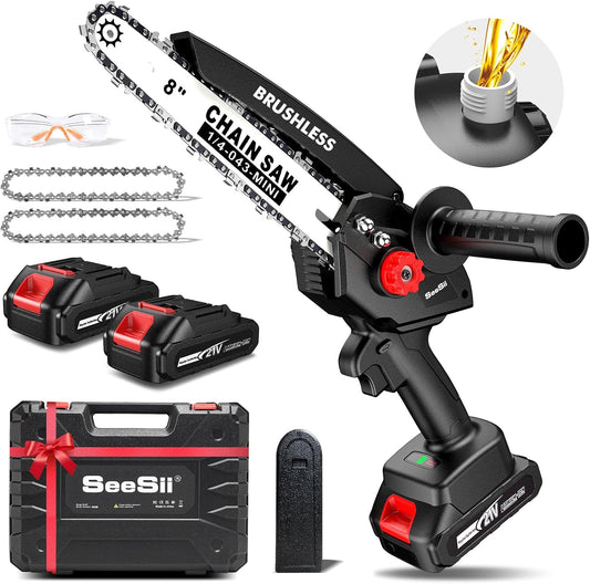 Mini Chainsaw Cordless 8 Inch DL07, Electric Battery Powered Chainsaw, Upgraded Brushless Chain Saw with Auto Oiler, 2Pcs 2000Mah Battery, Handheld Pruning Saws for Tree Branch Wood Cutting