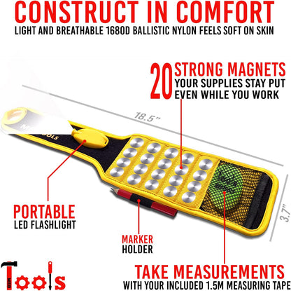 Magnetic Wristband with Flashlight and Tape Measure – Screw, Drill Bit, and Nail Holder with 20 Strong Magnet Pieces Increases Convenience for DIY, Carpenters, Mechanics, and More by