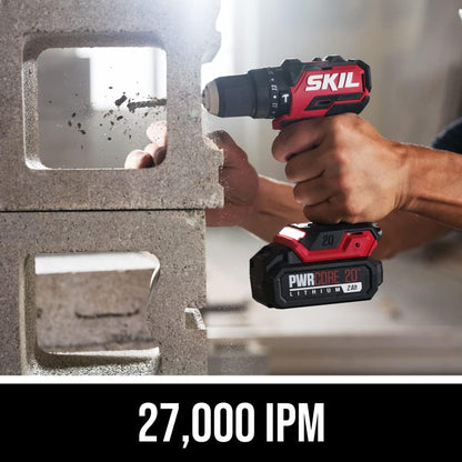 20V 1/2" Compact 3-in-1 Hammer Drill Kit with 1/2" Keyless Chuck and LED Light.