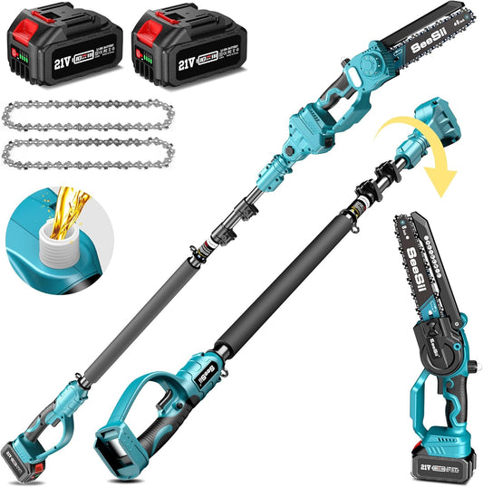 2 in 1 Cordless 8 Inch Pole Saw & Mini Chainsaw with 2 Battery, Power Electric Polesaw for Tree Trimming, Chain Saw with Extension Pole, Limb Branch Cutter Pruner PS800