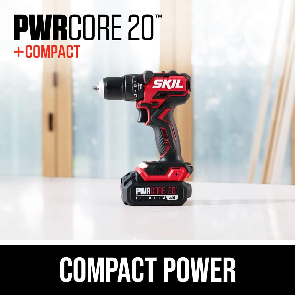 20V 1/2" Compact 3-in-1 Hammer Drill Kit with 1/2" Keyless Chuck and LED Light.