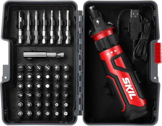 Rechargeable cordless screwdriver with circuit sensor technology. Includes 45-piece bit set.